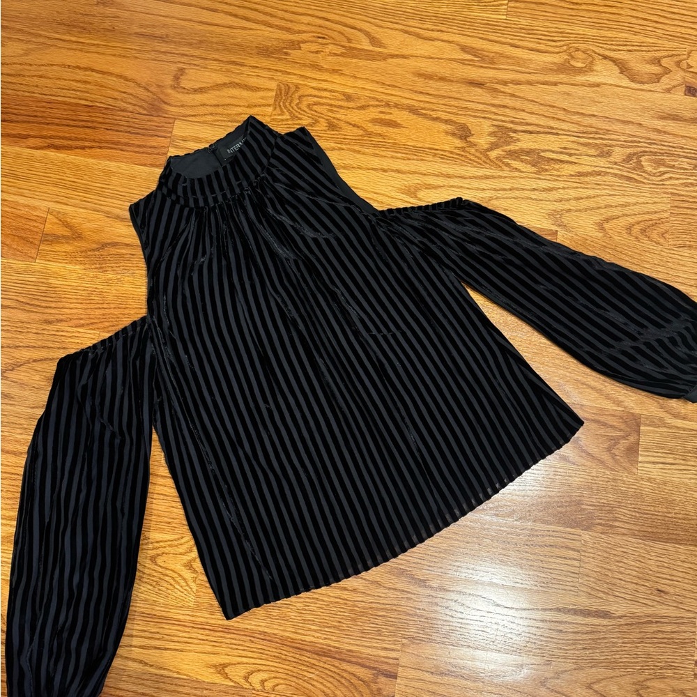 INTERMIX Black Velour and Chiffon Striped Women's Cold Shoulder Top